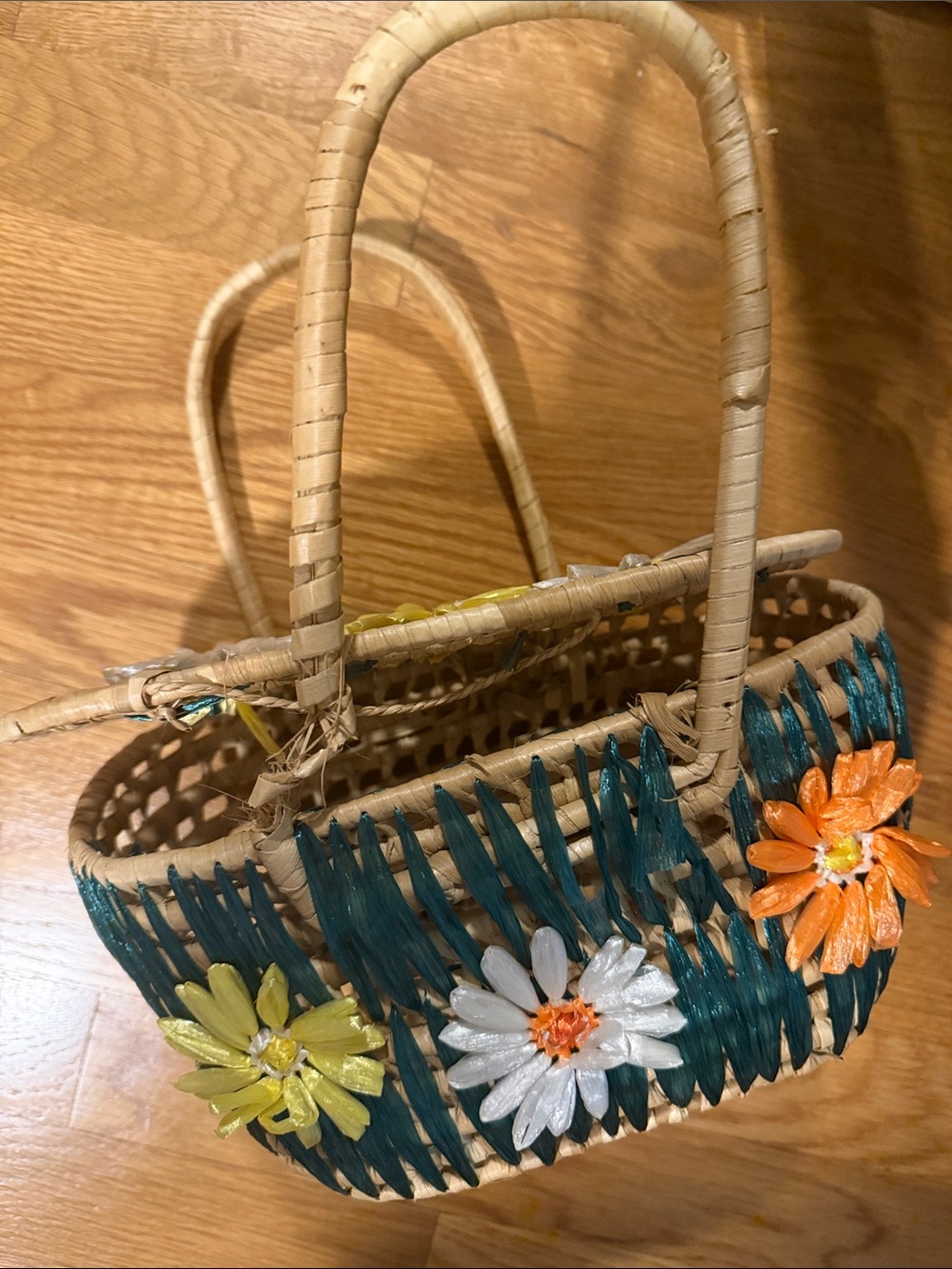 Woven Straw Handbag with Teal Weave & Floral Accents